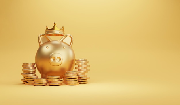 Golden piggy with crown and coins stacking on yellow background for saving and profit investment concept by 3d render