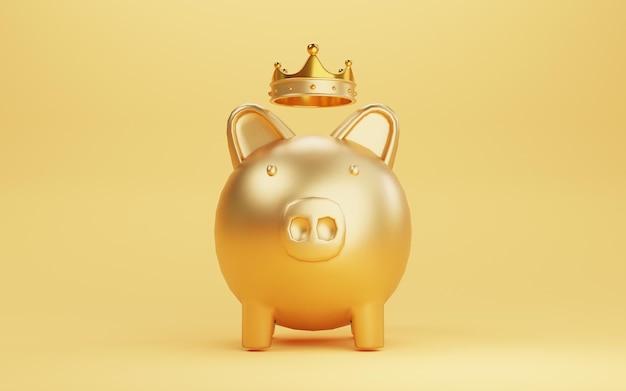 Golden piggy with crown on yellow background for saving and profit investment concept by 3d render