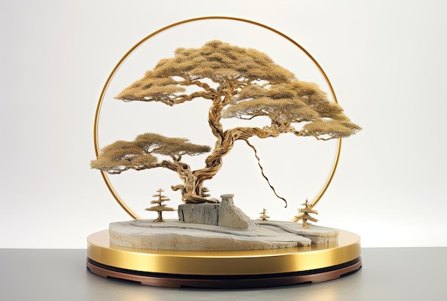 golden pine tree in a round bronze shape in the style of hyperrealistic marine life
