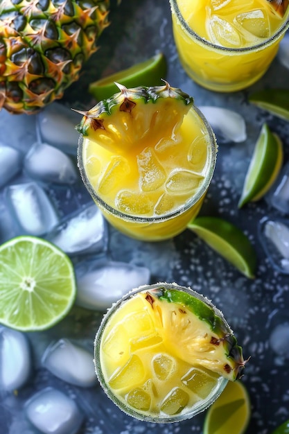 Photo golden pineapple margarita cocktail overhead shot with pineapple fruit and lime