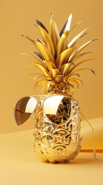 Фото Золотой ананас с солнцезащитными очками на желтом фоне