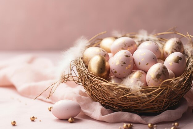 Golden and pink Easter eggs in a golden nest with feathers on pink background Side view closeup