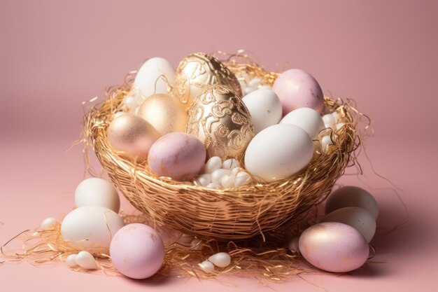 Golden and pink Easter eggs in a golden nest with feathers on pink background Side view closeup