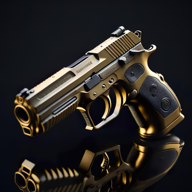 Photo golden pistol with futuristic design on dark background