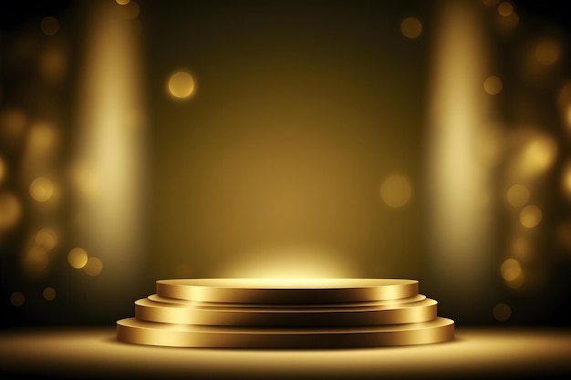 Golden podium blurred yellow background bokeh glare and reflection