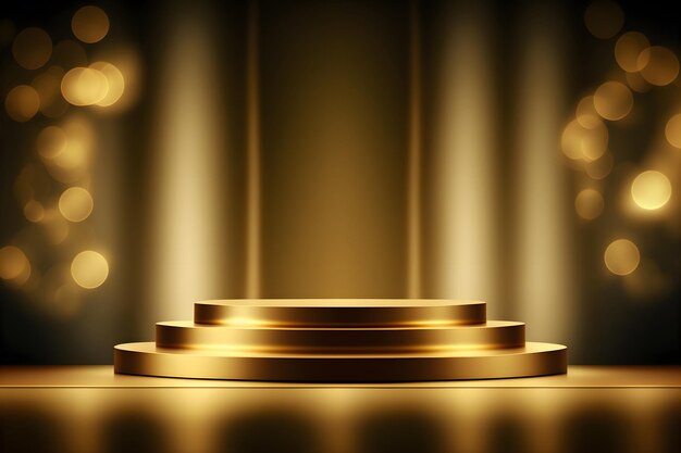 Golden podium blurred yellow background bokeh glare and reflection