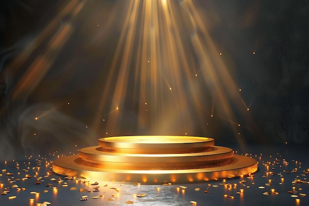 golden podium on dark background illuminated by spotlights empty pedestal for an award ceremony