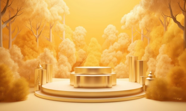 A golden podium in front of a yellow background