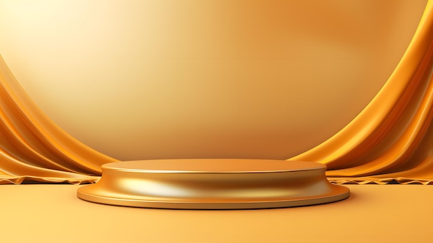Golden podium on golden satin cloth background 3d render