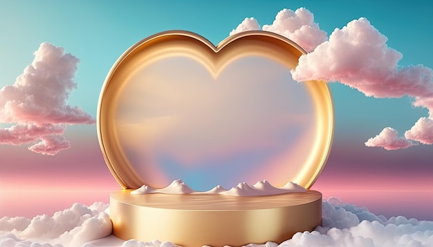 Golden podium product advertising stage background platform or pedestal surrounded by clouds and love heart