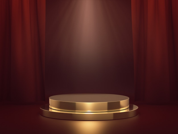 Golden podium for product show with light spot on red stage. 3d rendering.