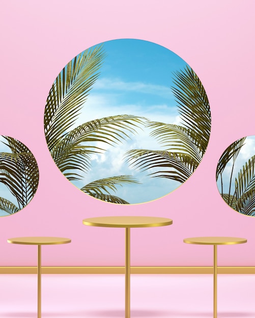 Golden podium stage with tropical palm trees pink background 3d render