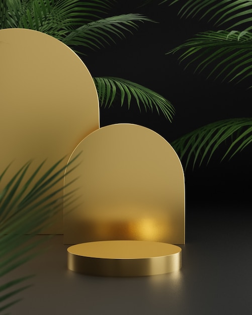 金色の表彰台は、製品の配置のための大きな熱帯の木々の3Dレンダリングで黒い背景の上に立っています