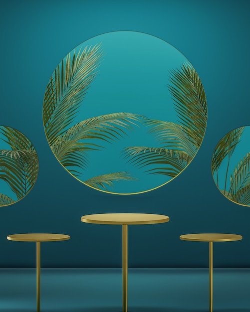 Golden podium stand on a luxurious green background with large tropical trees 3d render for product placement