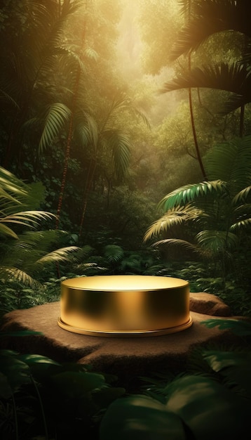 Golden podium in tropical jungle for product promotion and presentation Generative AI
