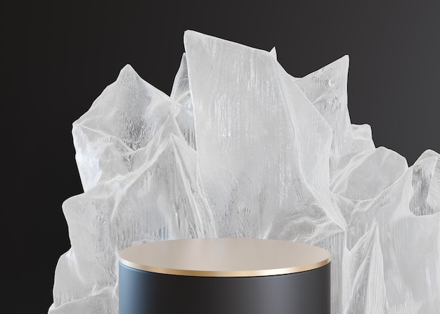 Golden podium with abstract ice or crystal form on black background Mock up for product cosmetic presentation Pedestal or platform for beauty products Empty scene Copy space 3D rendering