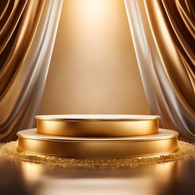 Golden podium with drapery and golden curtains background