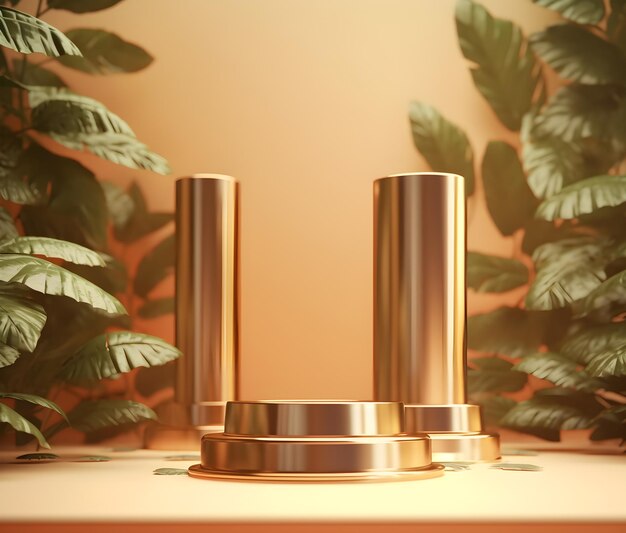 Photo golden podiums for luxurious presentation of naturethemed products