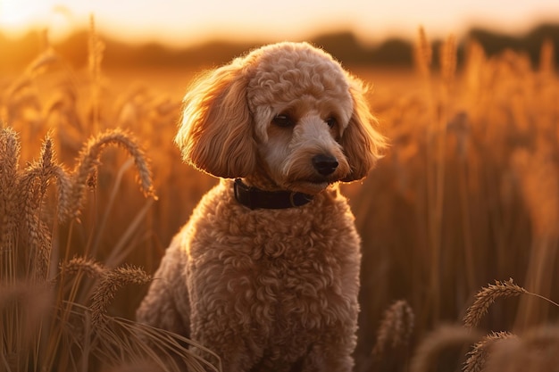 A golden poodle in a field of wheat