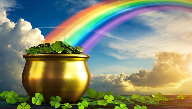 golden pot with gold coins and shamrocks at the end of a rainbow with blue sky and clouds