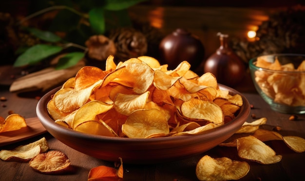 Golden potato chips in a wooden bowl on a dark background perfect for snacking Crispy chips served in a rustic bowl AI Generative