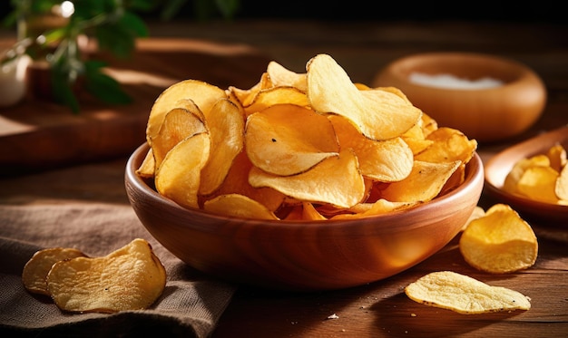 Golden potato chips in a wooden bowl on a dark background perfect for snacking Crispy chips served in a rustic bowl AI Generative
