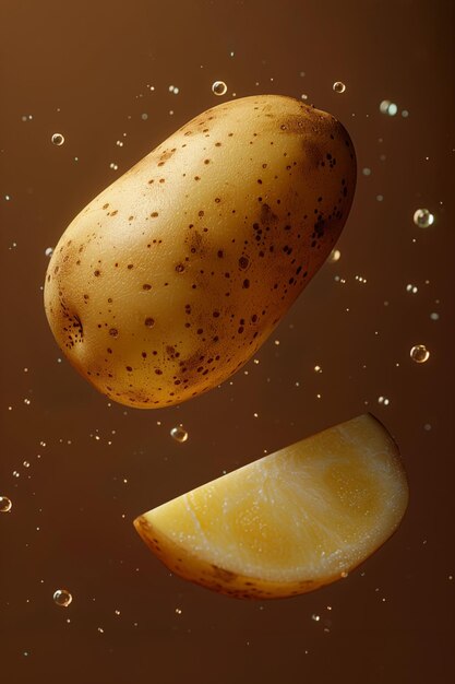 Золотые кусочки картофеля левитуют на коричневом градиенте. Капли воды добавляют освежающее измерение.