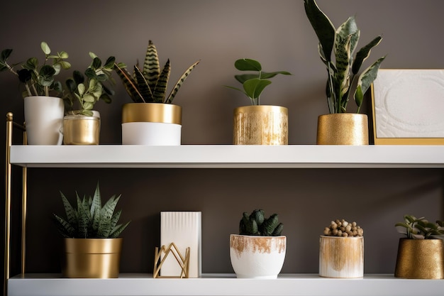 Golden potted plants on a shelf Copy space