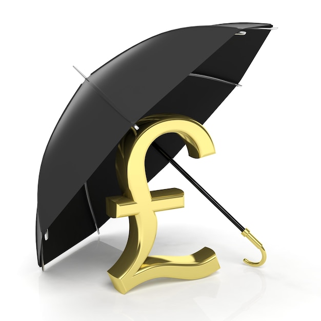 Photo a golden pound sign under big black umbrella isolated on white