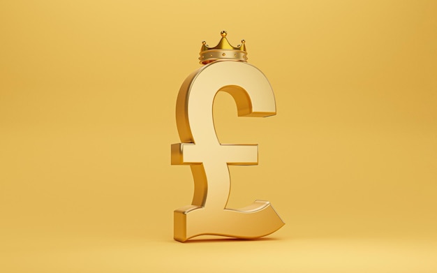 Photo golden pound sign with gold crown on yellow background for currency exchange and money transfer concept by 3d render