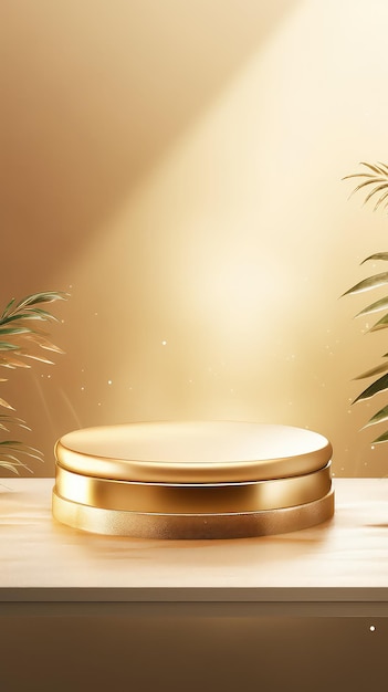 Golden product display stand background with sunlight and leaves