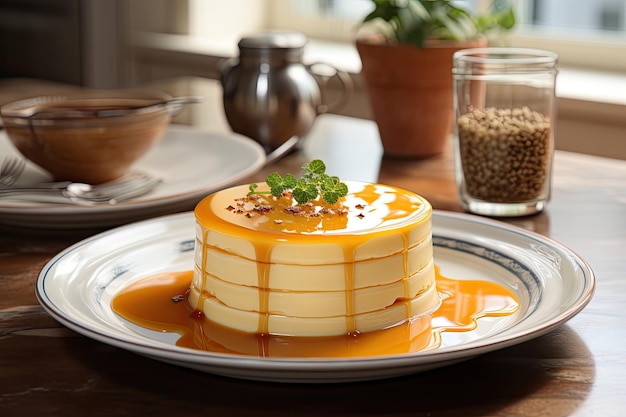 Golden pudding shines in the minimalist kitchen generative IA