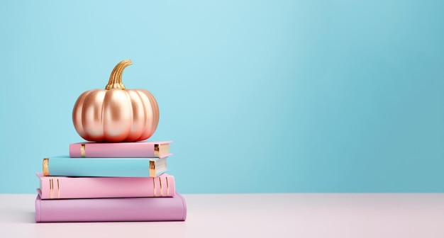 Golden pumpkin with books on a blue background banner