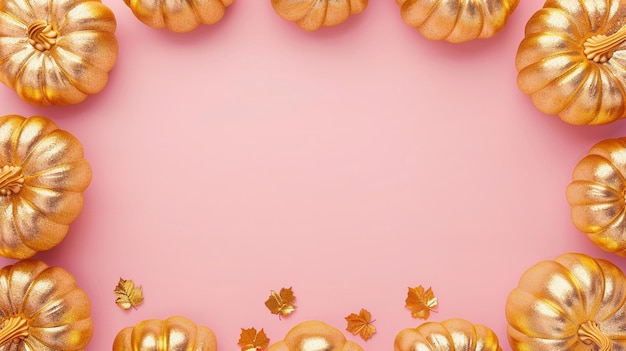 Photo golden pumpkins frame on pastel pink background