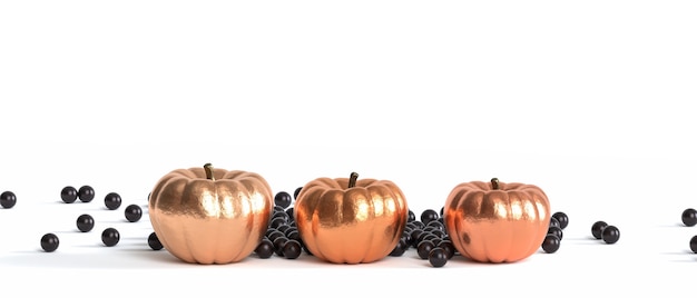 Golden pumpkins with black spheres on white background for autumn holidays or sales, 3d render