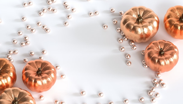 Photo golden pumpkins with shiny spheres on white background for autumn holidays or sales, 3d render