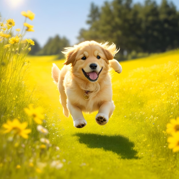 A golden pup its fur glistening in the sun meadow of wildflowers ai generated