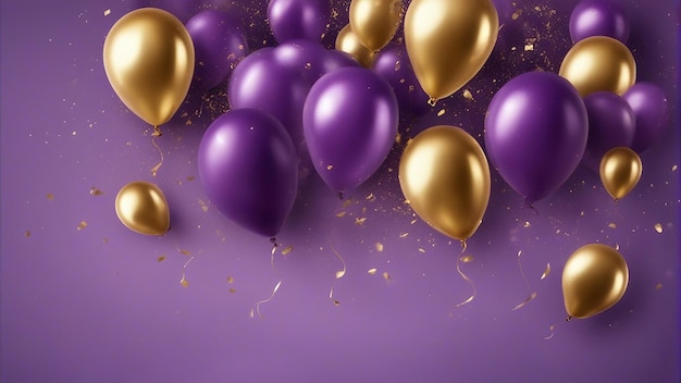 Golden and purple balloons with particles banner template