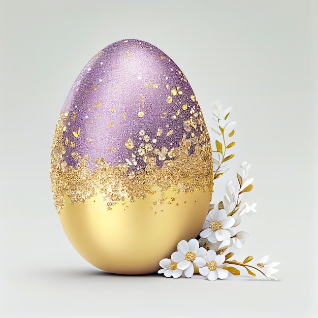 Golden and purple glittering Easter egg with flower on white background Generative AI