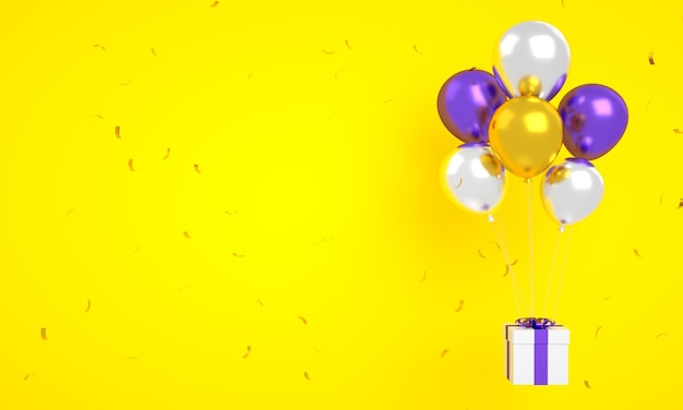 Golden purple and white balloons floating with confetti isolated for happy birthday background 3d