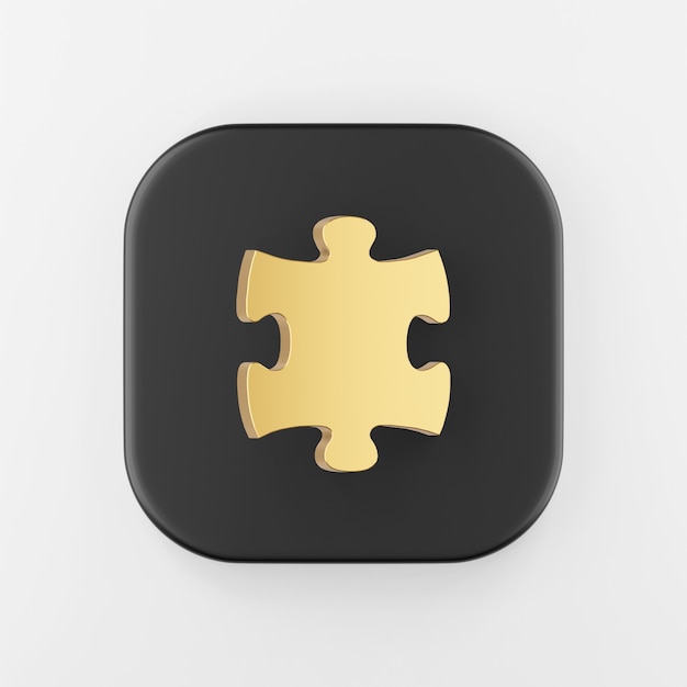 Golden puzzle icon. 3d rendering black square button key, interface ui ux element.