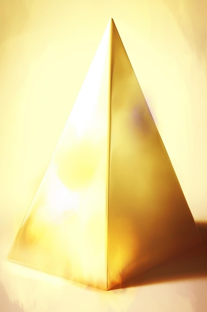 A golden pyramid sits on a table with a yellow background.