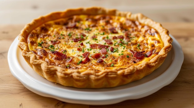 A golden Quiche Lorraine on a white plate featuring a flaky crust with creamy egg custard bacon and cheese set against a light wooden backdrop under soft lighting embodying classic French elegance