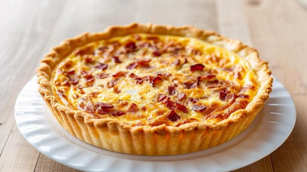 A golden Quiche Lorraine on a white plate featuring a flaky crust with creamy egg custard bacon and cheese set against a light wooden backdrop under soft lighting embodying classic French elegance