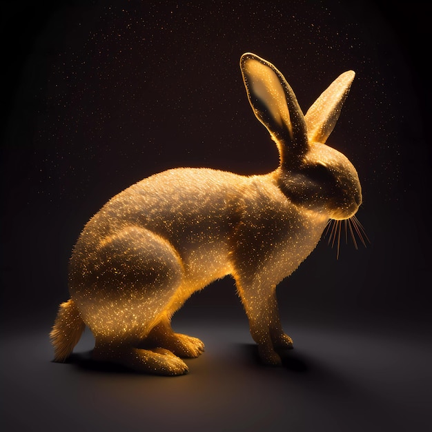 A golden rabbit is illuminated in a dark room with a black background.