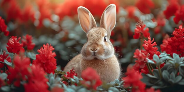 Golden rabbit surrounded by red flowers symbolizes Chinese New Year 2023 Concept Chinese New Year Year of the Rabbit Symbolism Red Flowers Celebration