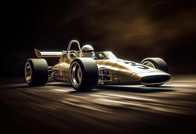 a golden racing car moving in the style of vintage aesthetics