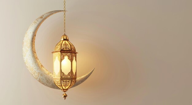 Golden Ramadan Kareem lantern hanging front of a crescent moon