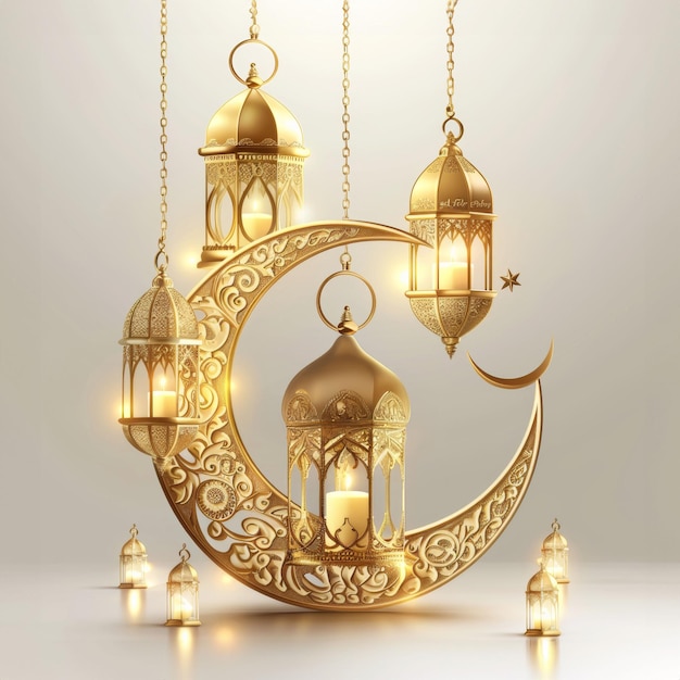 Golden Ramadan Lanterns and Crescent Moon Set in a Tranquil Harmony Illuminated Festive Spirit