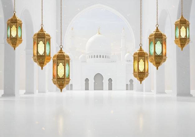 Golden Ramadan Lanterns Hanging in Front of Majestic Mosque Great for Islamic Festivities